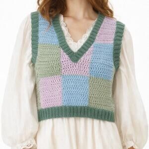 Hand Knit Sweater Vest Patchwork Block Grandmacore Boho Homemade Indie OS